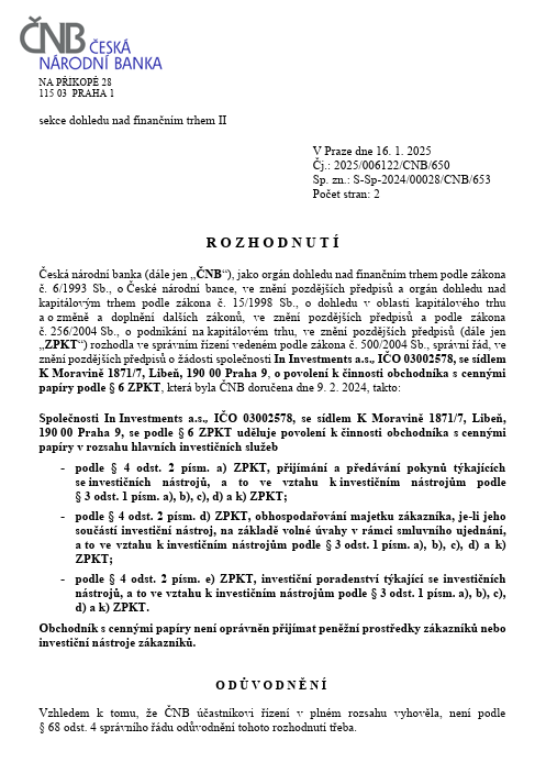 Decision of the Czech National Bank